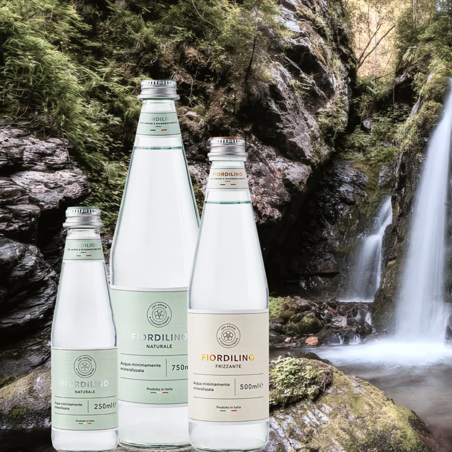 Acqua Fiordilini Flaschen vor Wasserfall 